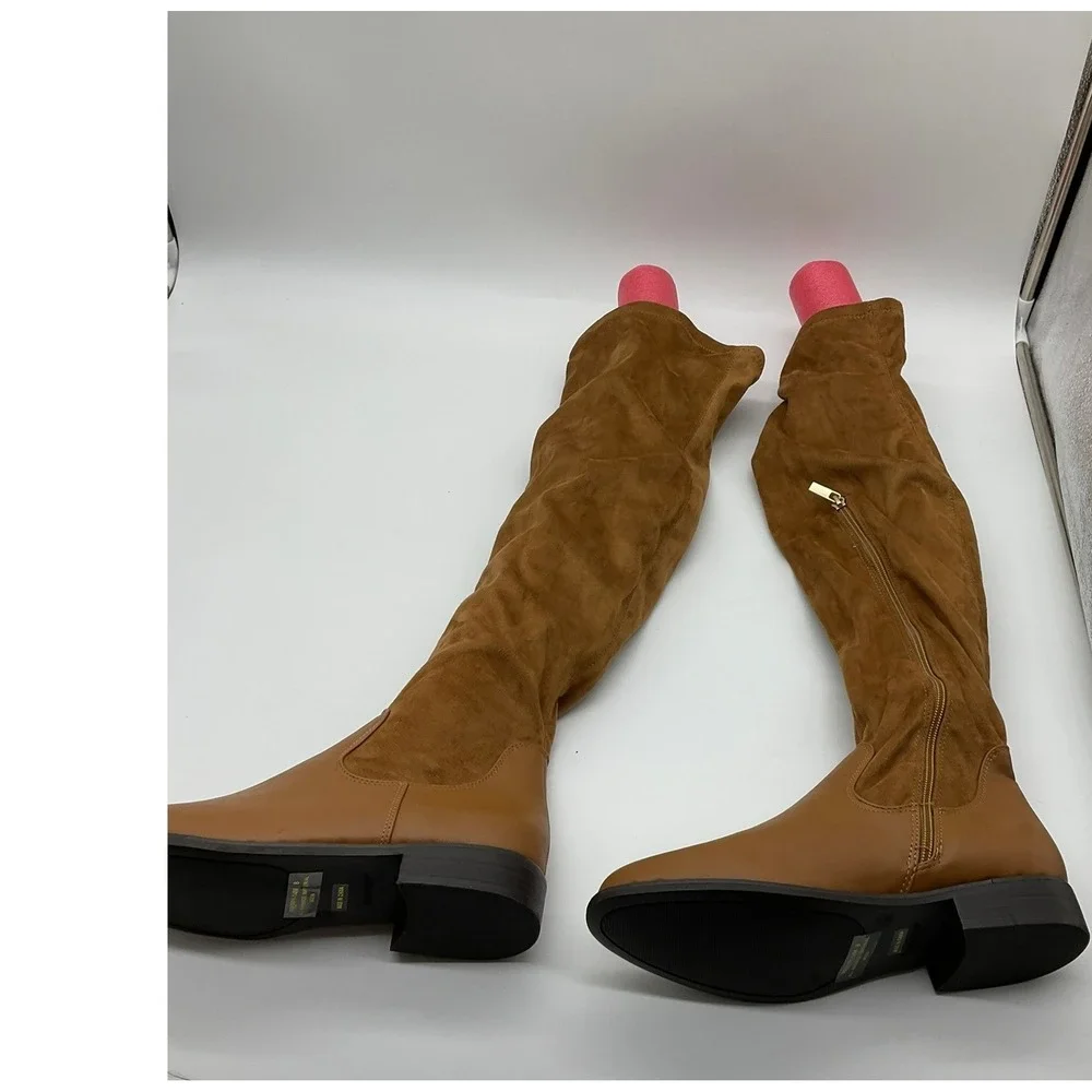 Bamboo Preppy-14M Over The Knee Boots Womens 8 Cognac Brown Faux Suede Studded